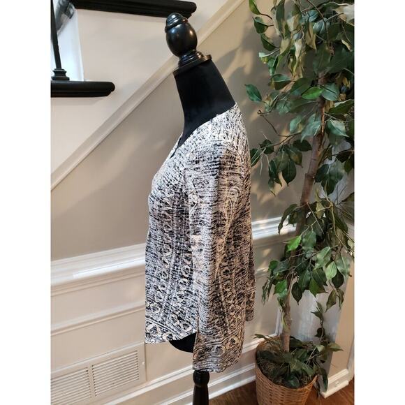 One World Gray Black Blouse SP Gray Black Embellished V Neck Stretch Boho Print - Picture 7 of 12